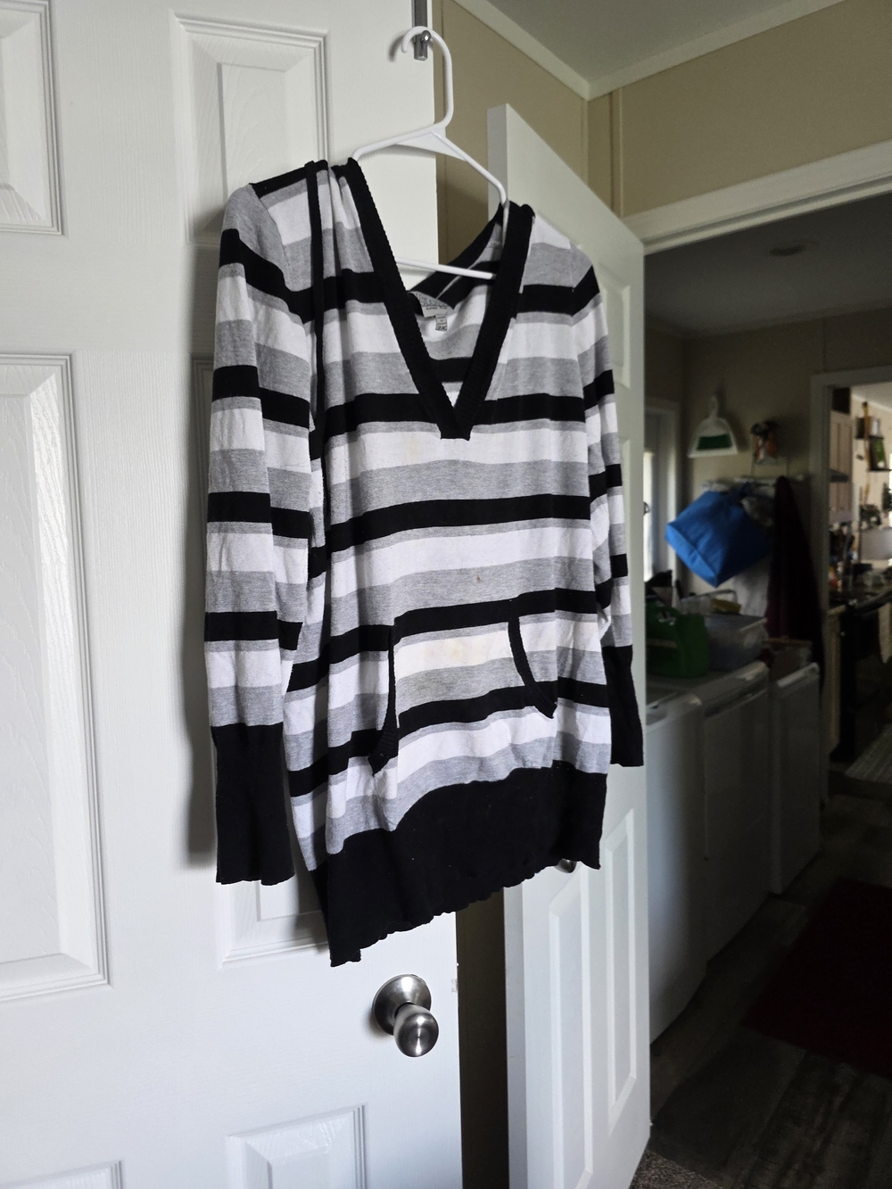 Black & White Striped V-Neck Pullover Hoodie